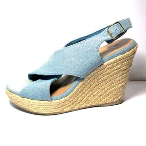 American Eagle Blue Denim Platform Wedge Espadrille Sandal Open Toe Women's 7‎